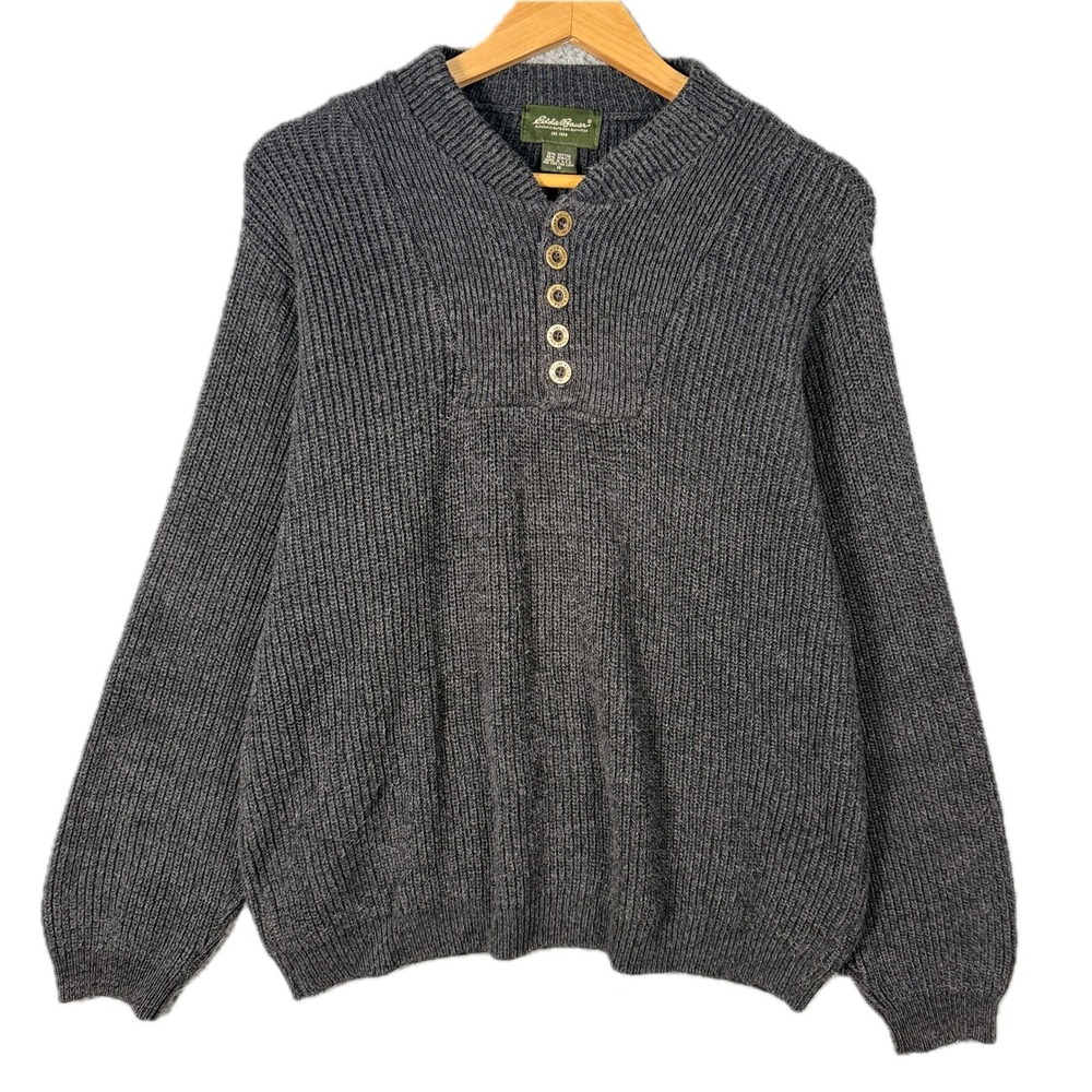 Eddie Bauer Henley Sweater Mens Medium Gray Cotton Ribbed Knit Vintage Gorpcore